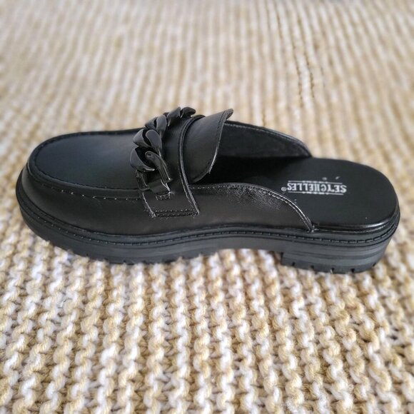Seychelles Women's Black Faux Leather Chain Loafers Size 6M Slip-On Chunky Sole - Picture 3 of 9